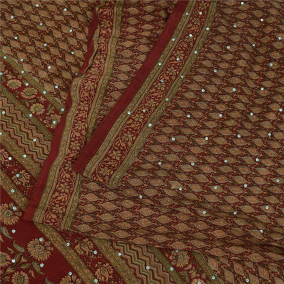 Sanskriti Vintage Sarees Red Hand Beaded Pure Crepe Print Sari 5+yd Craft Sustainable Fabric