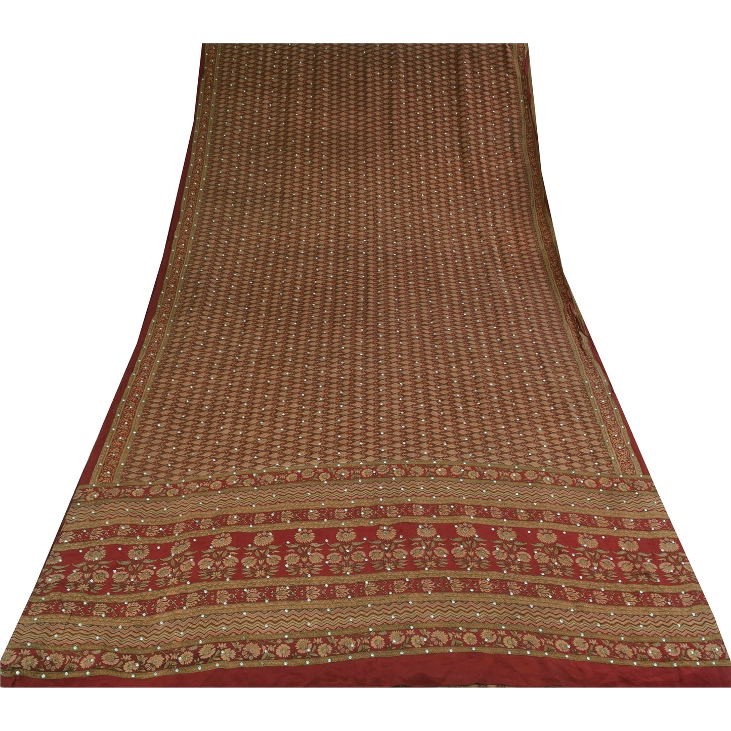 Sanskriti Vintage Sarees Red Hand Beaded Pure Crepe Print Sari 5+yd Craft Sustainable Fabric