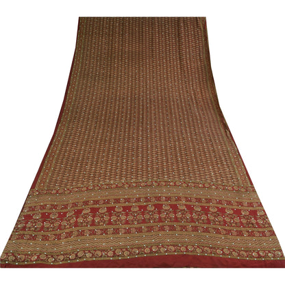 Sanskriti Vintage Sarees Red Hand Beaded Pure Crepe Print Sari 5+yd Craft Sustainable Fabric