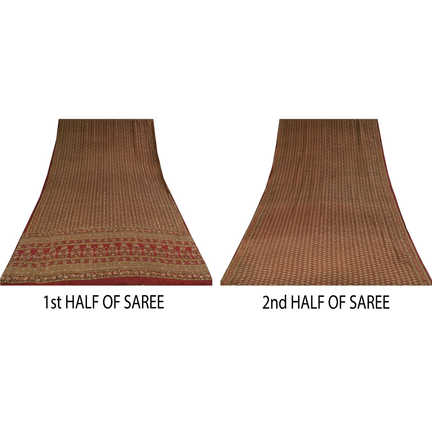 Sanskriti Vintage Sarees Red Hand Beaded Pure Crepe Print Sari 5+yd Craft Sustainable Fabric