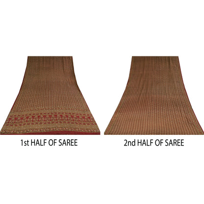 Sanskriti Vintage Sarees Red Hand Beaded Pure Crepe Print Sari 5+yd Craft Sustainable Fabric