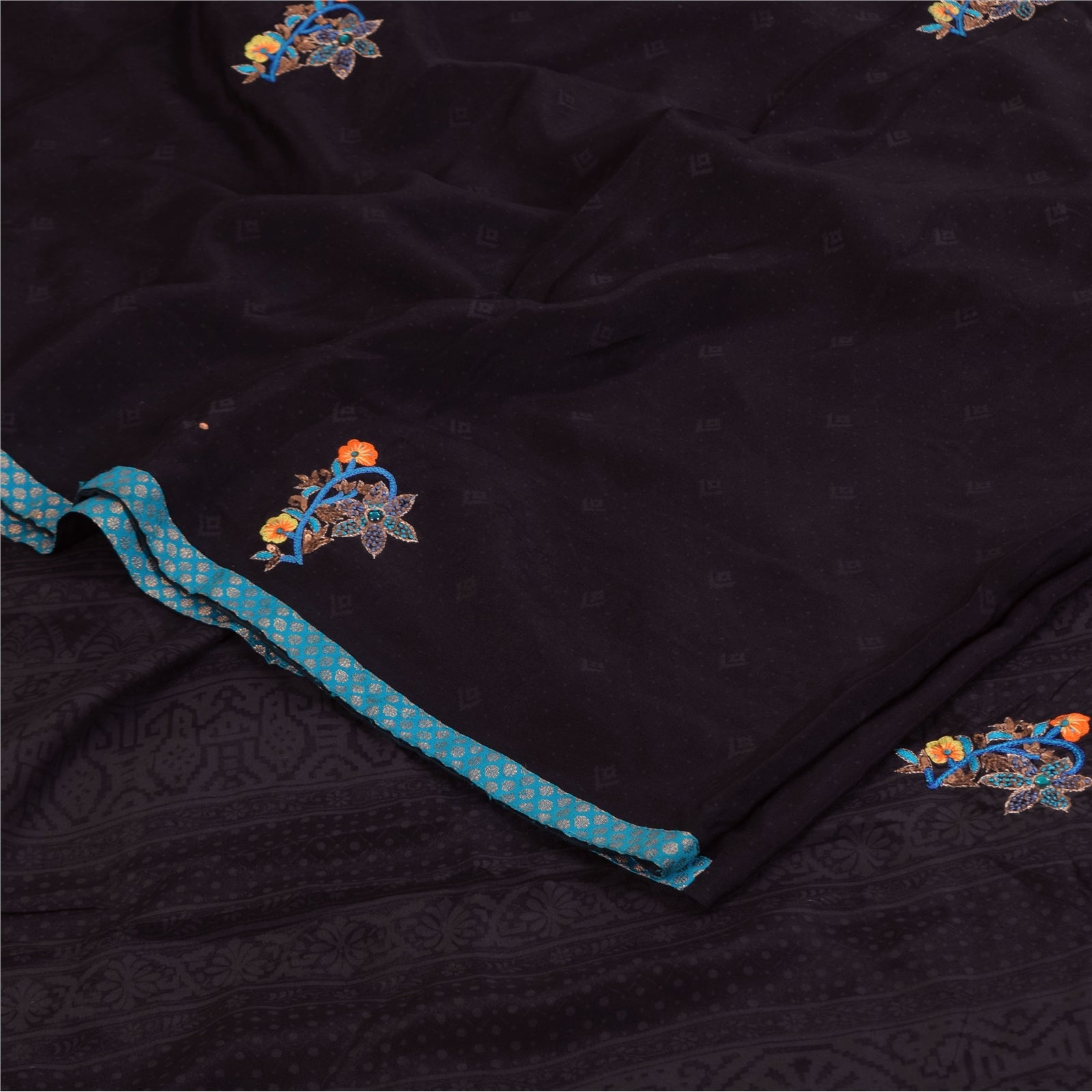 Sanskriti Vintage Saree Black 100% Pure Crepe Silk 5+Yd Saree Hand Beaded Rhinestone Sequins Printed Sari Fabric Home Decor, Upcycled