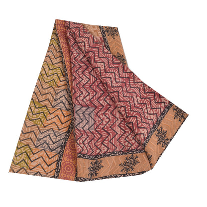 Sanskriti Vintage Sarees Red 100% Pure Crepe Silk Printed Sari 5+yd Craft Sustainable Fabric