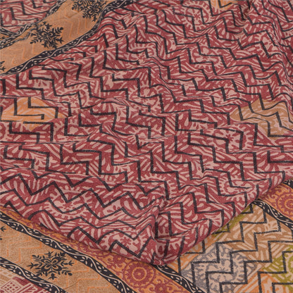 Sanskriti Vintage Sarees Red 100% Pure Crepe Silk Printed Sari 5+yd Craft Sustainable Fabric