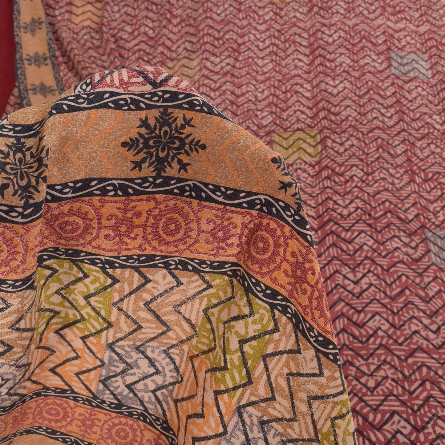 Sanskriti Vintage Sarees Red 100% Pure Crepe Silk Printed Sari 5+yd Craft Sustainable Fabric