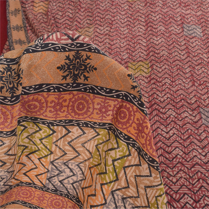 Sanskriti Vintage Sarees Red 100% Pure Crepe Silk Printed Sari 5+yd Craft Sustainable Fabric