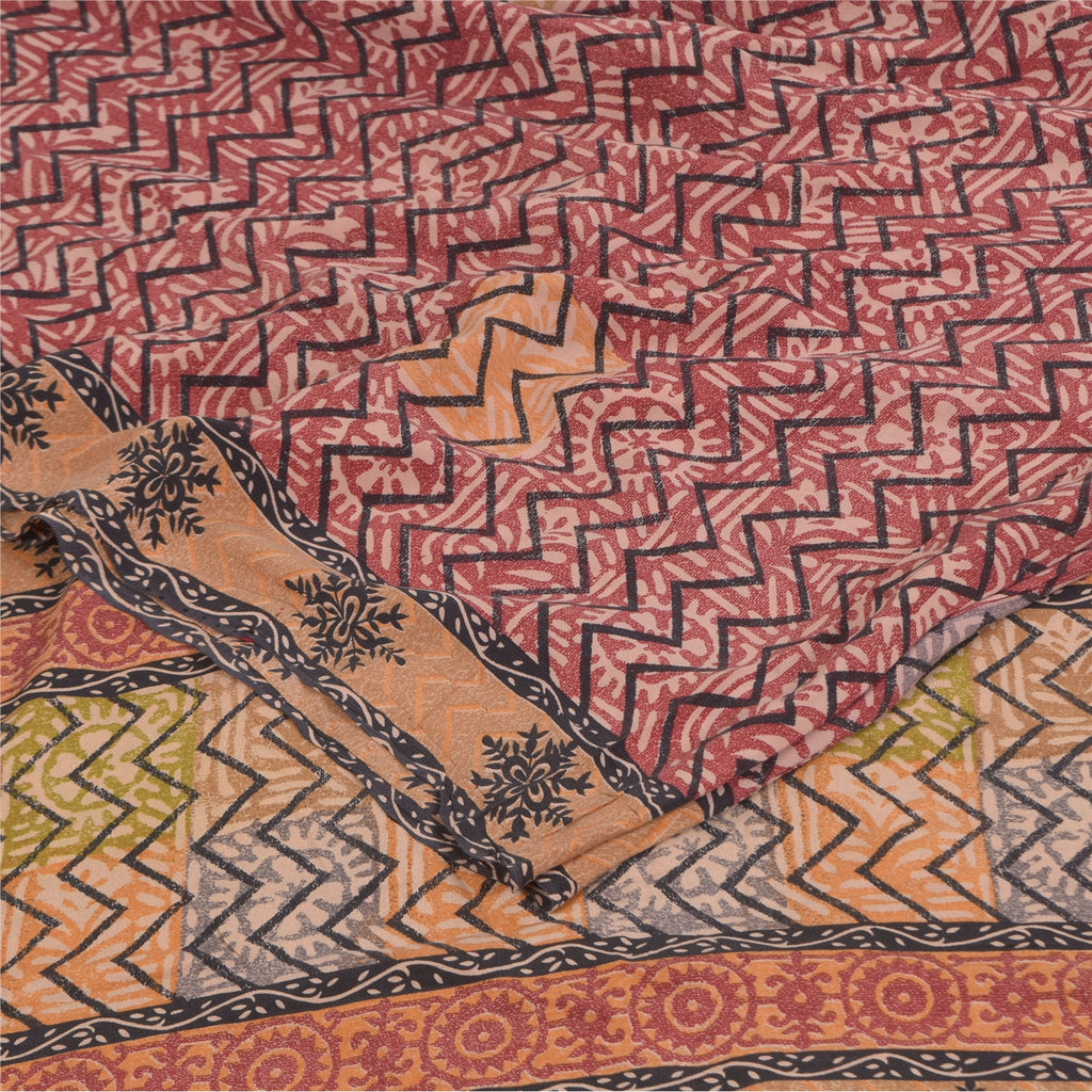 Sanskriti Vintage Sarees Red 100% Pure Crepe Silk Printed Sari 5+yd Craft Sustainable Fabric