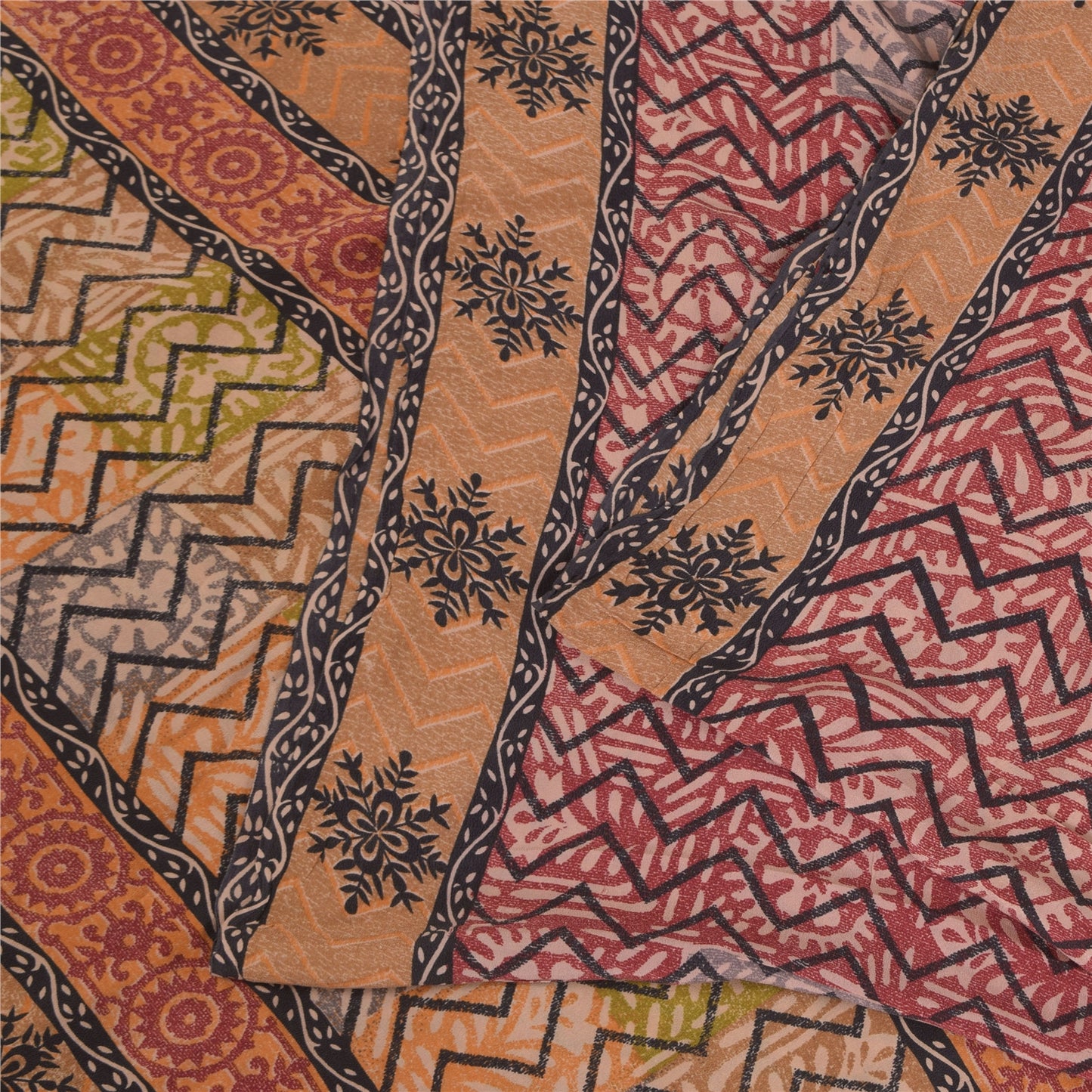 Sanskriti Vintage Sarees Red 100% Pure Crepe Silk Printed Sari 5+yd Craft Sustainable Fabric