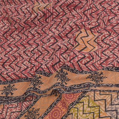 Sanskriti Vintage Sarees Red 100% Pure Crepe Silk Printed Sari 5+yd Craft Sustainable Fabric