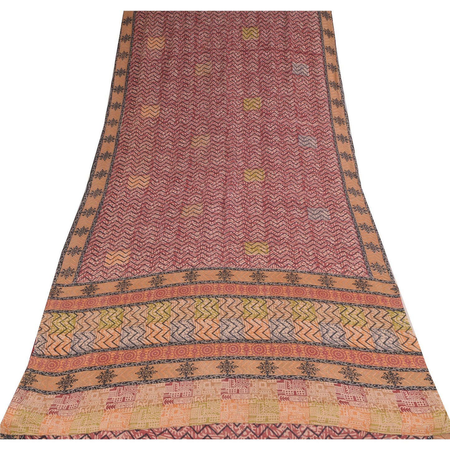 Sanskriti Vintage Sarees Red 100% Pure Crepe Silk Printed Sari 5+yd Craft Sustainable Fabric