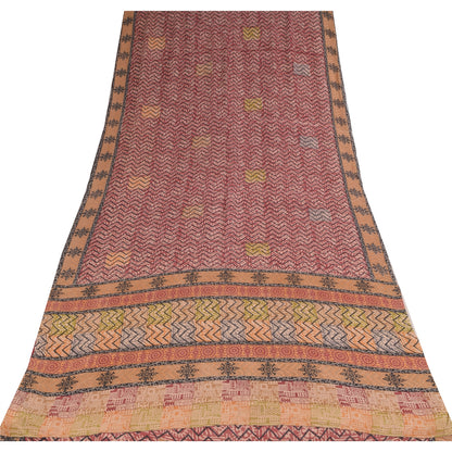 Sanskriti Vintage Sarees Red 100% Pure Crepe Silk Printed Sari 5+yd Craft Sustainable Fabric