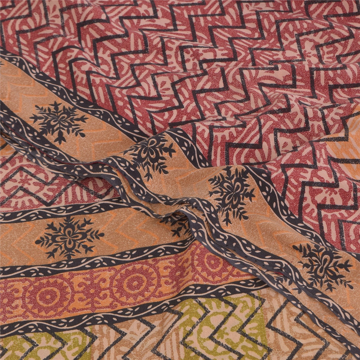 Sanskriti Vintage Sarees Red 100% Pure Crepe Silk Printed Sari 5+yd Craft Sustainable Fabric