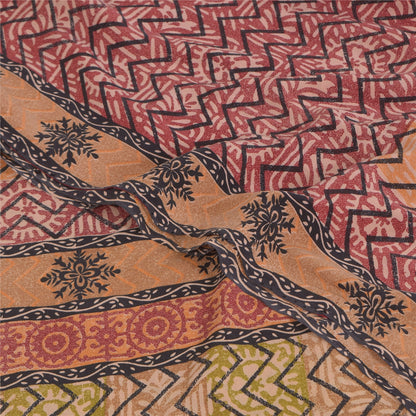 Sanskriti Vintage Sarees Red 100% Pure Crepe Silk Printed Sari 5+yd Craft Sustainable Fabric