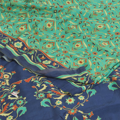 Sanskriti Vintage Sarier Grøn Ren Crepe Silke Trykt Sari 6yd Håndværk Bæredygtigt Stoff