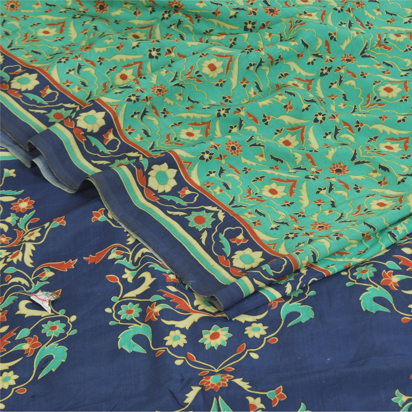 Sanskriti Vintage Sarier Grøn Ren Crepe Silke Trykt Sari 6yd Håndværk Bæredygtigt Stoff