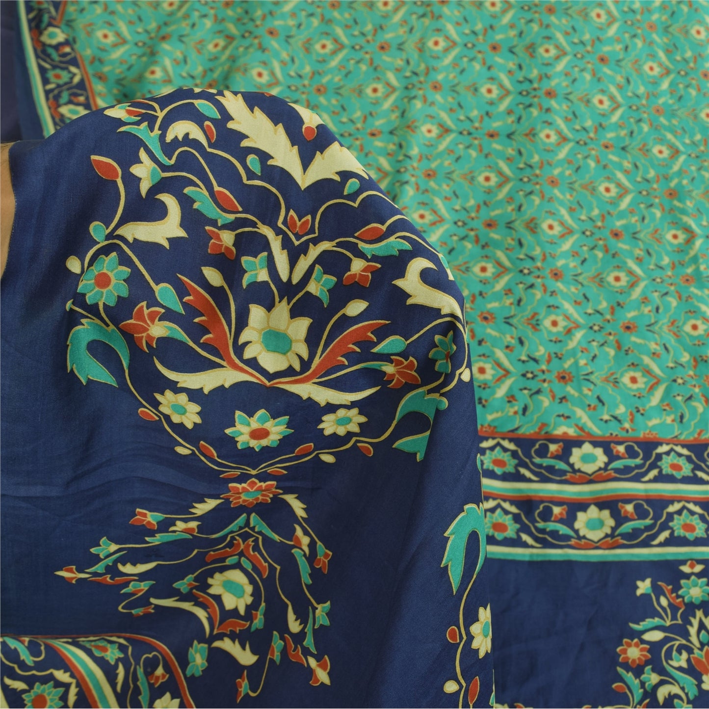 Sanskriti Vintage Sarier Grøn Ren Crepe Silke Trykt Sari 6yd Håndværk Bæredygtigt Stoff