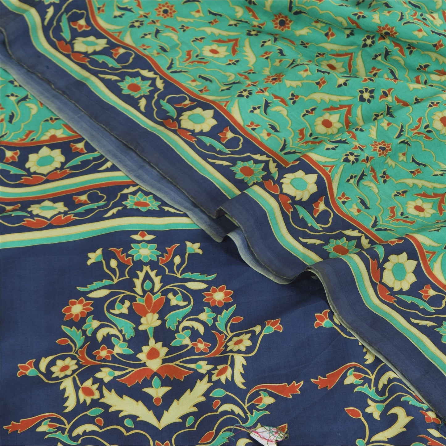 Sanskriti Vintage Sarier Grøn Ren Crepe Silke Trykt Sari 6yd Håndværk Bæredygtigt Stoff