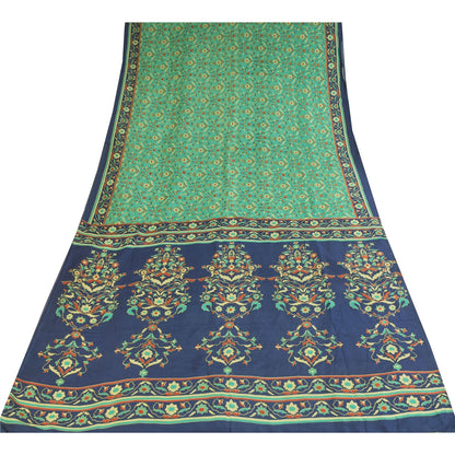 Sanskriti Vintage Sarier Grøn Ren Crepe Silke Trykt Sari 6yd Håndværk Bæredygtigt Stoff