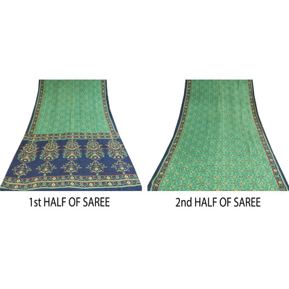 Sanskriti Vintage Sarier Grøn Ren Crepe Silke Trykt Sari 6yd Håndværk Bæredygtigt Stoff