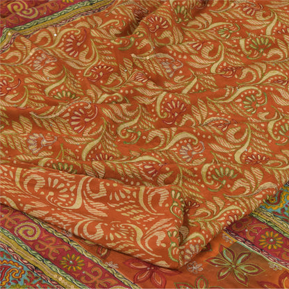 Sanskriti Vintage Sarees Orange Pure Crepe Print Hand Beaded Sari 5+yd Sustainable Fabric
