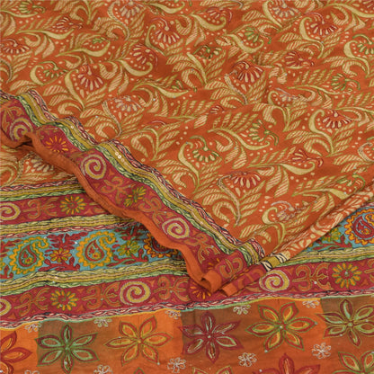 Sanskriti Vintage Sarees Orange Pure Crepe Print Hand Beaded Sari 5+yd Sustainable Fabric