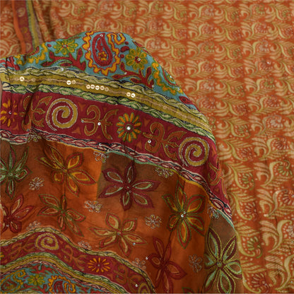 Sanskriti Vintage Sarees Orange Pure Crepe Print Hand Beaded Sari 5+yd Sustainable Fabric