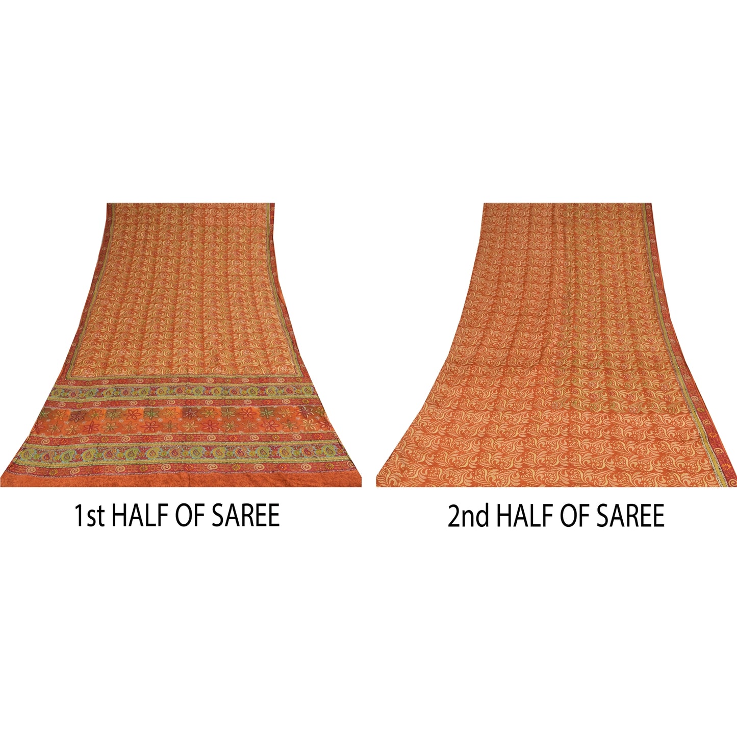 Sanskriti Vintage Sarees Orange Pure Crepe Print Hand Beaded Sari 5+yd Sustainable Fabric