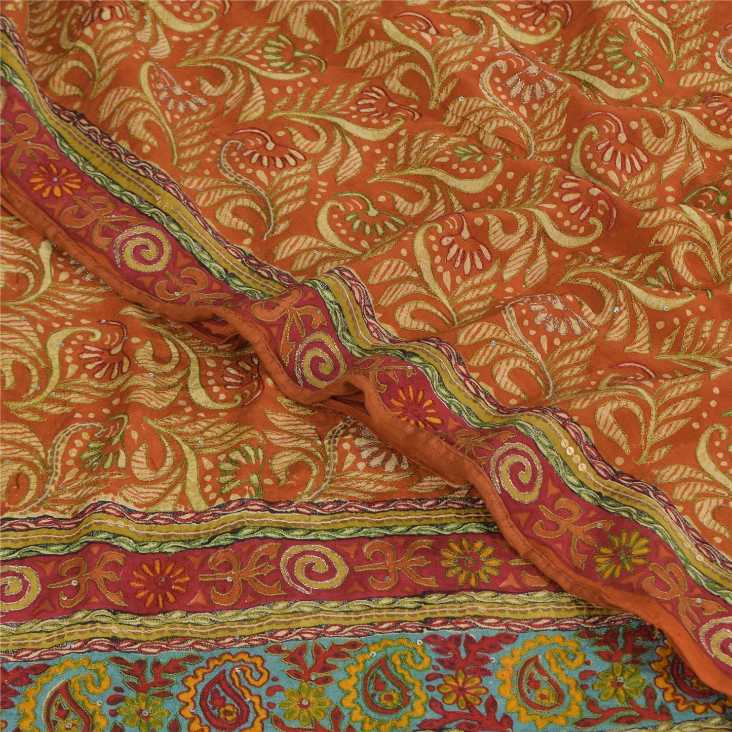 Sanskriti Vintage Sarees Orange Pure Crepe Print Hand Beaded Sari 5+yd Sustainable Fabric