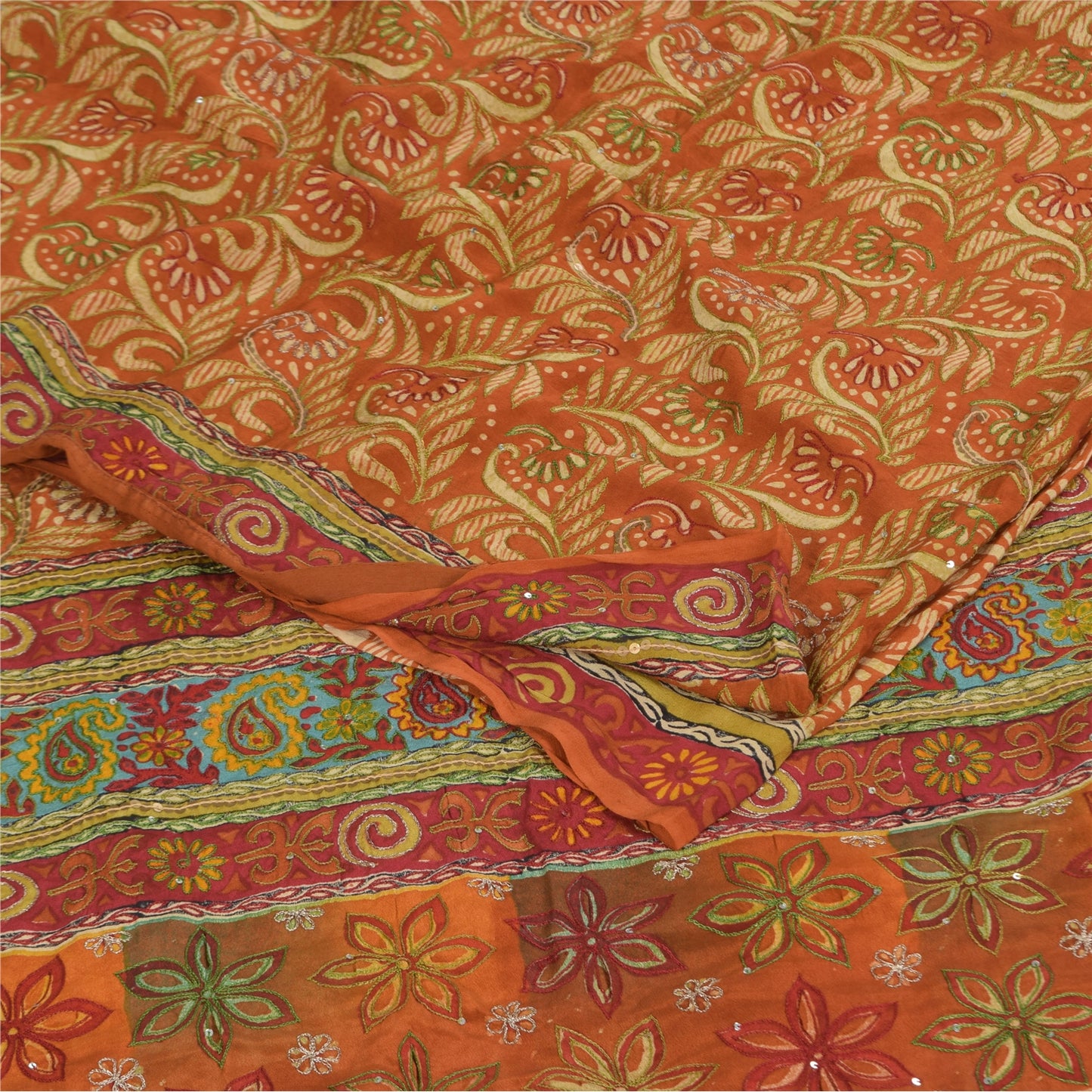 Sanskriti Vintage Sarees Orange Pure Crepe Print Hand Beaded Sari 5+yd Sustainable Fabric