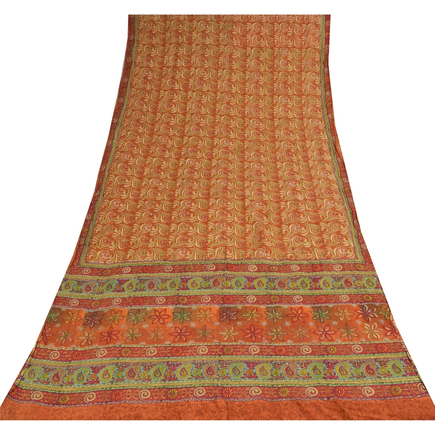 Sanskriti Vintage Sarees Orange Pure Crepe Print Hand Beaded Sari 5+yd Sustainable Fabric