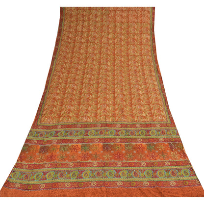 Sanskriti Vintage Sarees Orange Pure Crepe Print Hand Beaded Sari 5+yd Sustainable Fabric