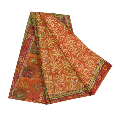 Sanskriti Vintage Sarees Orange Pure Crepe Print Hand Beaded Sari 5+yd Sustainable Fabric
