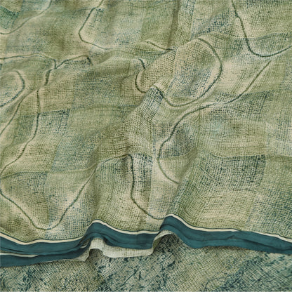 Sanskriti Vintage Sarees Olive Green Pure Crepe Printed Sari 6+yd Craft Sustainable Fabric