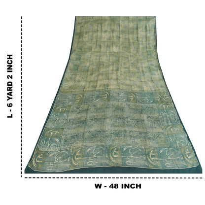 Sanskriti Vintage Sarees Olive Green Pure Crepe Printed Sari 6+yd Craft Sustainable Fabric