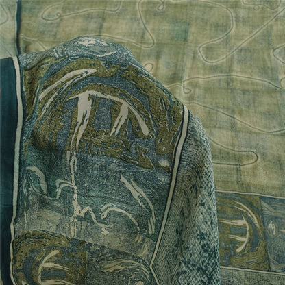 Sanskriti Vintage Sarees Olive Green Pure Crepe Printed Sari 6+yd Craft Sustainable Fabric