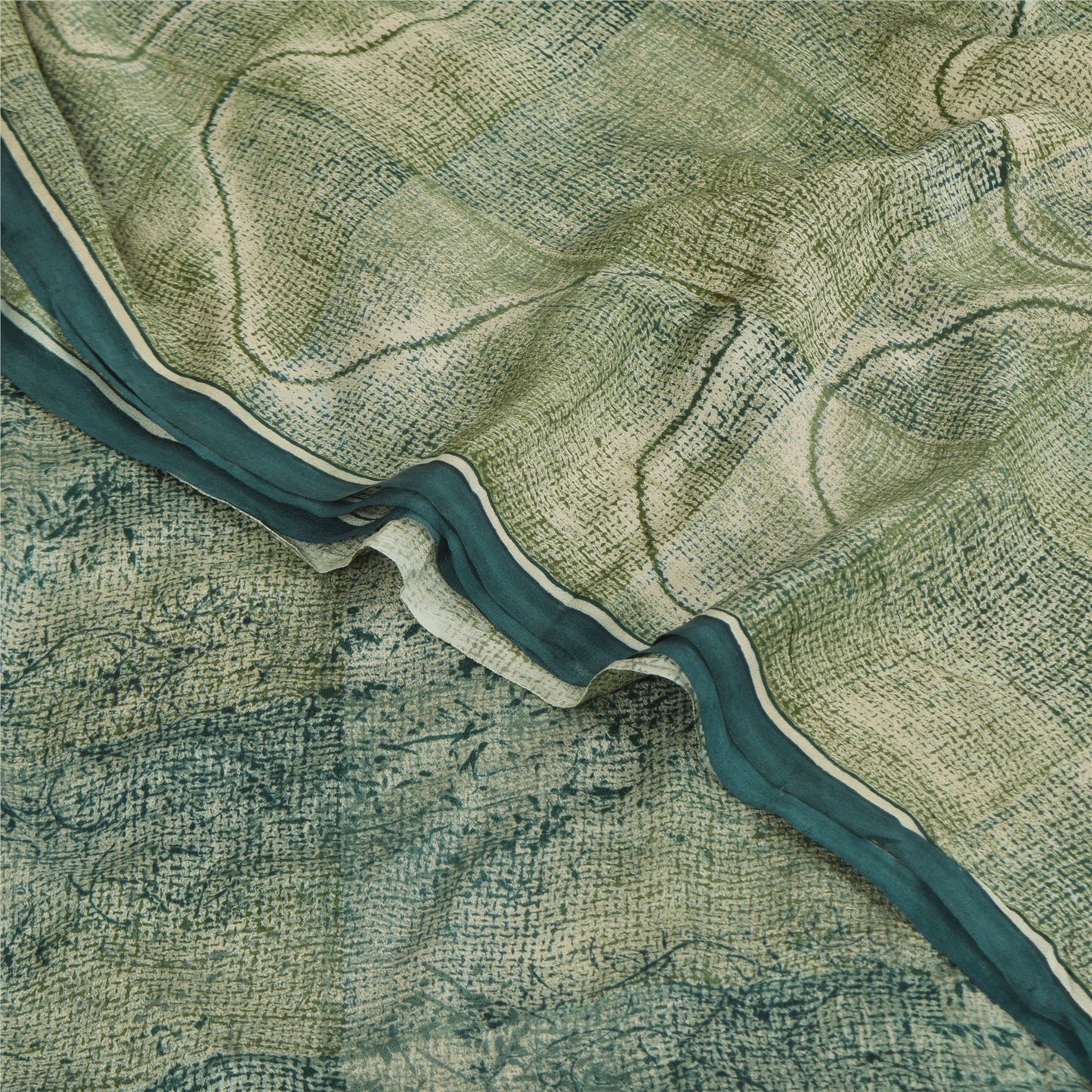 Sanskriti Vintage Sarees Olive Green Pure Crepe Printed Sari 6+yd Craft Sustainable Fabric