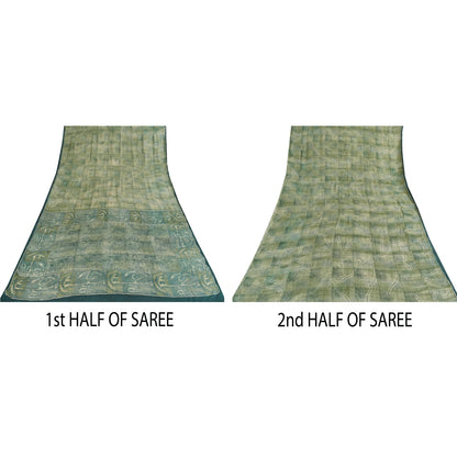 Sanskriti Vintage Sarees Olive Green Pure Crepe Printed Sari 6+yd Craft Sustainable Fabric