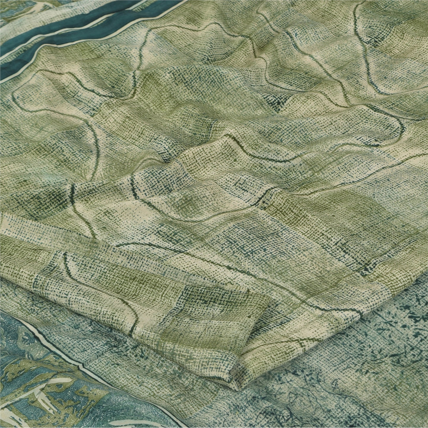 Sanskriti Vintage Sarees Olive Green Pure Crepe Printed Sari 6+yd Craft Sustainable Fabric