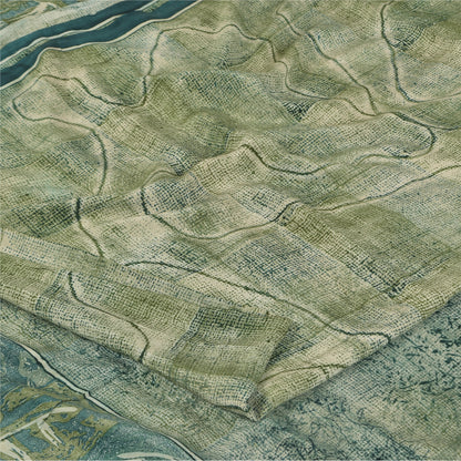 Sanskriti Vintage Sarees Olive Green Pure Crepe Printed Sari 6+yd Craft Sustainable Fabric