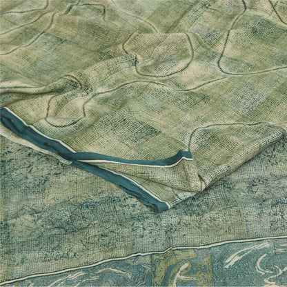 Sanskriti Vintage Sarees Olive Green Pure Crepe Printed Sari 6+yd Craft Sustainable Fabric