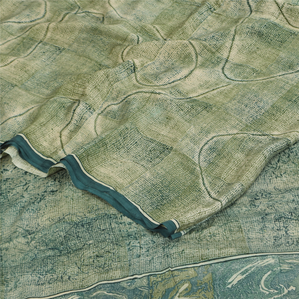 Sanskriti Vintage Sarees Olive Green Pure Crepe Printed Sari 6+yd Craft Sustainable Fabric