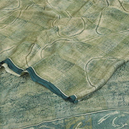 Sanskriti Vintage Sarees Olive Green Pure Crepe Printed Sari 6+yd Craft Sustainable Fabric