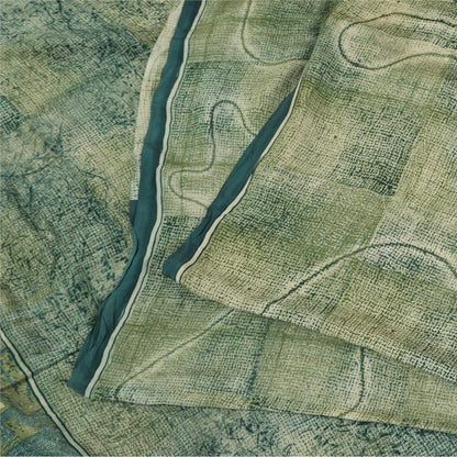 Sanskriti Vintage Sarees Olive Green Pure Crepe Printed Sari 6+yd Craft Sustainable Fabric