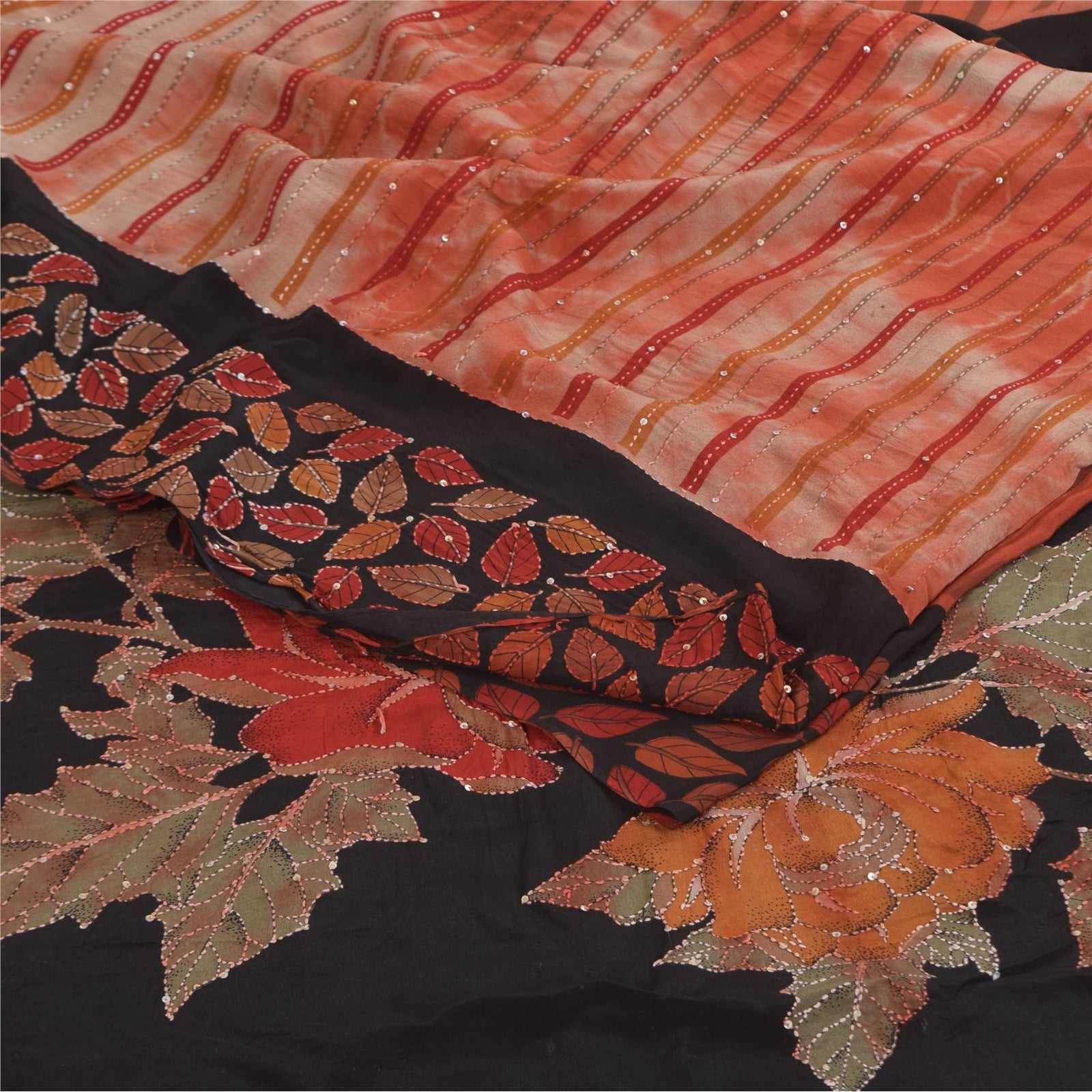 Sanskriti Vintage Sarees Tie-Dye Hand Beaded Kantha Pure Crepe Print Sari Sustainable Fabric