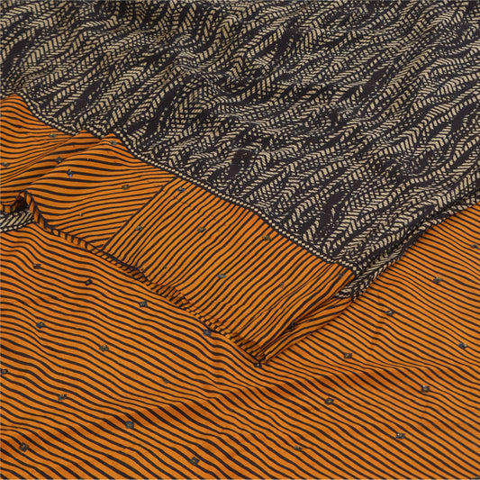 Sanskriti Vintage Sarees Black Pure Crepe Hand Beaded Printed Sari 5+yd Sustainable Fabric