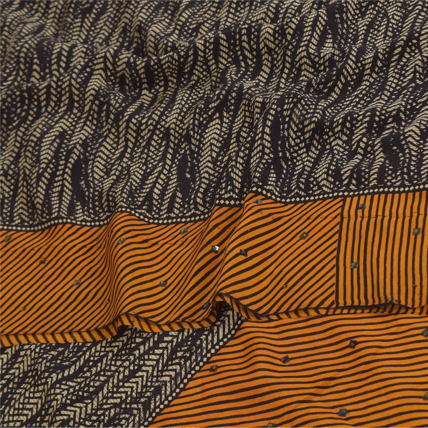 Сари Sanskriti Vintage, черное чистое креповое сари с ручным бисером, напечатанное вручную, 5+ ярдов, устойчивая ткань