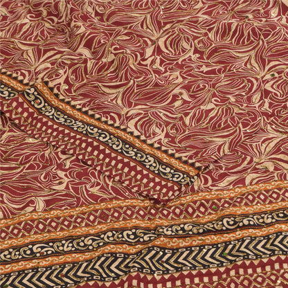 Sanskriti Vintage Sarees Red Pure Crepe Printed Hand Beaded Sari 5+yd Sustainable Fabric