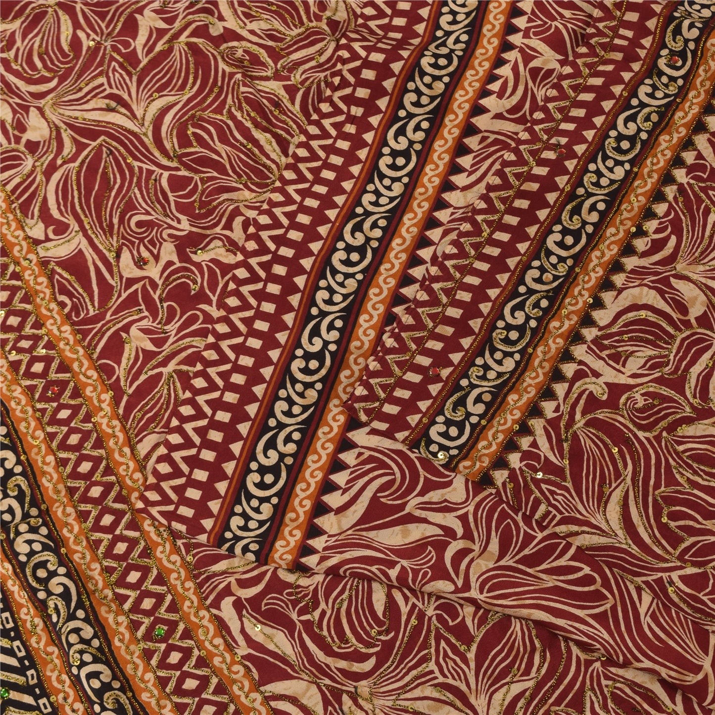 Sanskriti Vintage Sarees Red Pure Crepe Printed Hand Beaded Sari 5+yd Sustainable Fabric