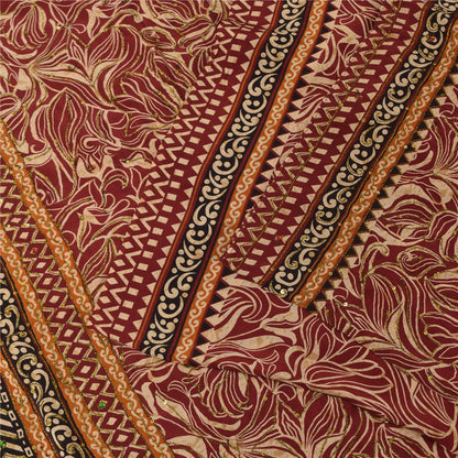 Sanskriti Vintage Sarees Red Pure Crepe Printed Hand Beaded Sari 5+yd Sustainable Fabric