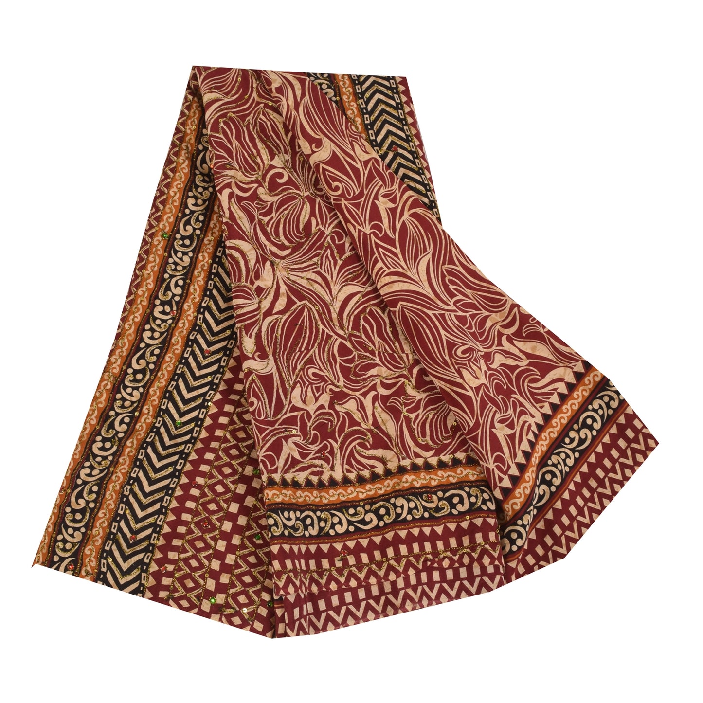 Sanskriti Vintage Sarees Red Pure Crepe Printed Hand Beaded Sari 5+yd Sustainable Fabric